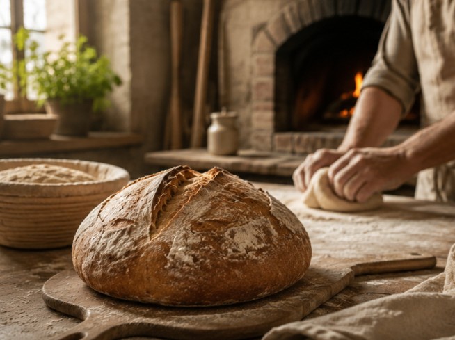 Boulanger façonnant une pâte à la main sur un plan de travail fariné