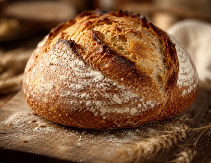 Pain au levain artisanal tout juste sorti du four, croûte dorée et craquelée